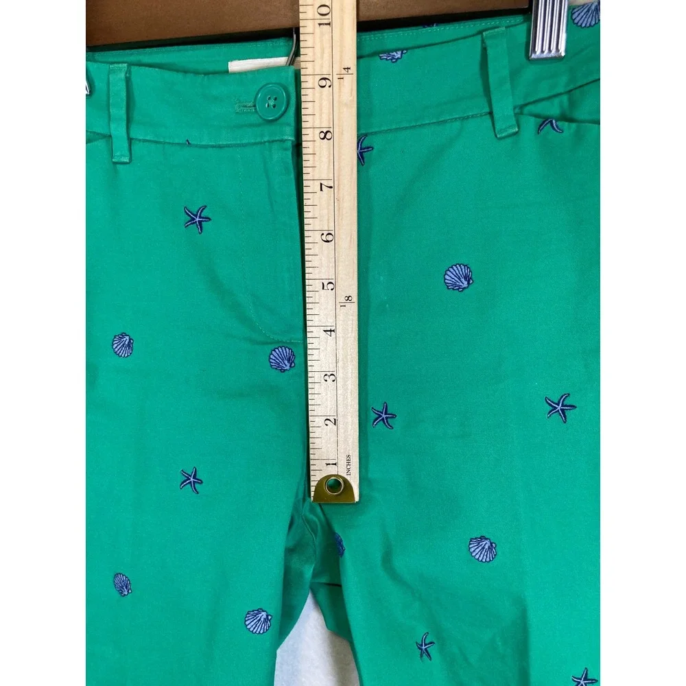 Coastal Preppy Talbots Women 4P Green‎ Embroidered Shell Starfish Ankle Pants